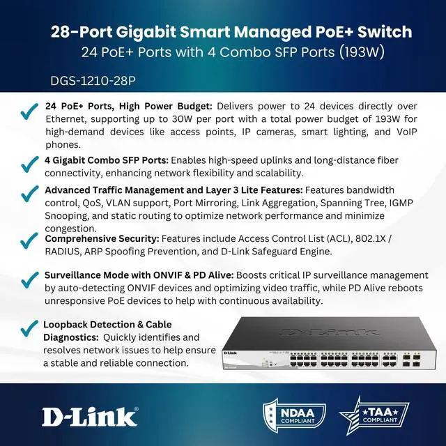 Alt view image 4 of 5 - D-Link 28-Port Gigabit Smart Managed PoE+ Switch |24 PoE+ Ports (193W) + 4 SFP Combo Ports |L2+ | VLANs | Web Managed | Surveillance Mode | Rackmount | NDAA Compliant |Lifetime Warranty (DGS-1210-28P)