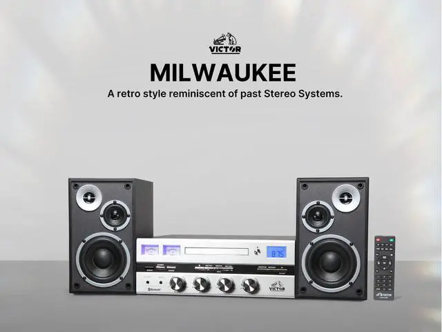 Alt view image 4 of 5 - Victor VDTS-4400 Milwaukee 50 Watt Desktop Bluetooth Stereo System with CD/MP3 Player, FM Radio, Functioning VU Meters, and Detached Stereo Speakers  Perfect for Home or Office Audio
