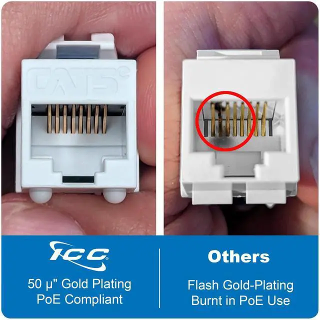 Alt view image 2 of 5 - ICC CAT5e Keystone Jack with Slim Profile 180 Degree Punch Down, RJ45 UL Listed PoE++ TAA VoIP Compliant for Wall Plate or Patch Panel, Works with JackEasy Termination Tool, White 25 Pack