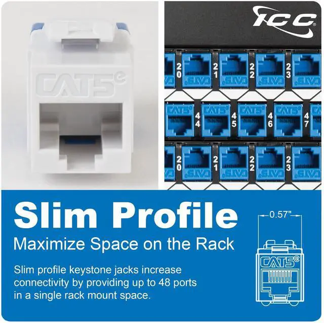 Alt view image 3 of 5 - ICC CAT5e Keystone Jack with Slim Profile 180 Degree Punch Down, RJ45 UL Listed PoE++ TAA VoIP Compliant for Wall Plate or Patch Panel, Works with JackEasy Termination Tool, White 25 Pack