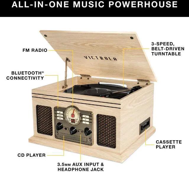Alt view image 3 of 5 - Victrola The Quincy 6-in-1 Bluetooth Record Player & Multimedia Center with Built-in Speakers  3-Speed Turntable, CD & Cassette Player, AM/FM Radio, Wireless Music Streaming (Mahogony)