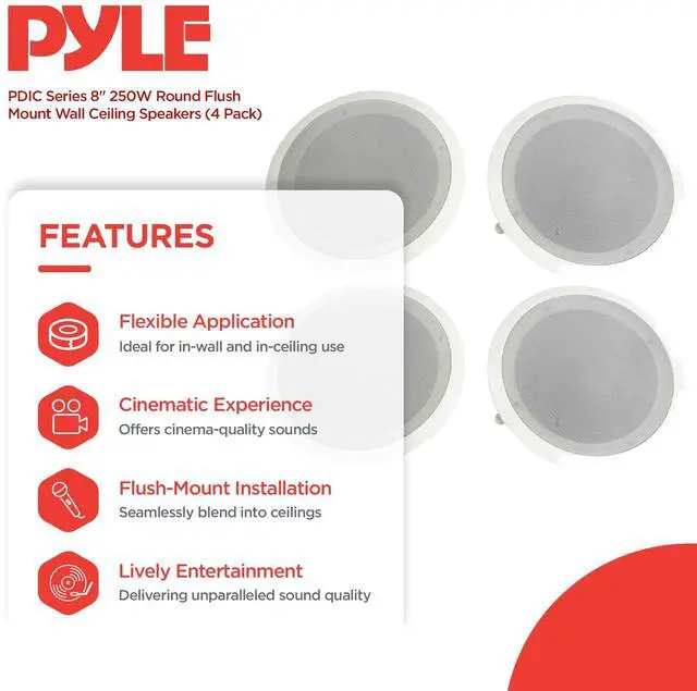 Alt view image 2 of 5 - Pyle Home PDIC Series 8 Inch 250 Watts 4.8 Ohms Round Flush Mount Wall and Ceiling Home Speakers with Directable 5 Inch Polymer Dome Tweeter, (4 Pack)