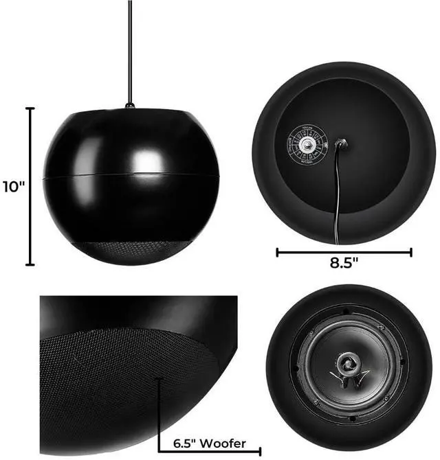 Alt view image 3 of 5 - OSD Audio Sphere 6.5" Black Indoor Hanging Pendant Speaker, Reinforced Cable Suspension 70V and 8 Ohm, Single
