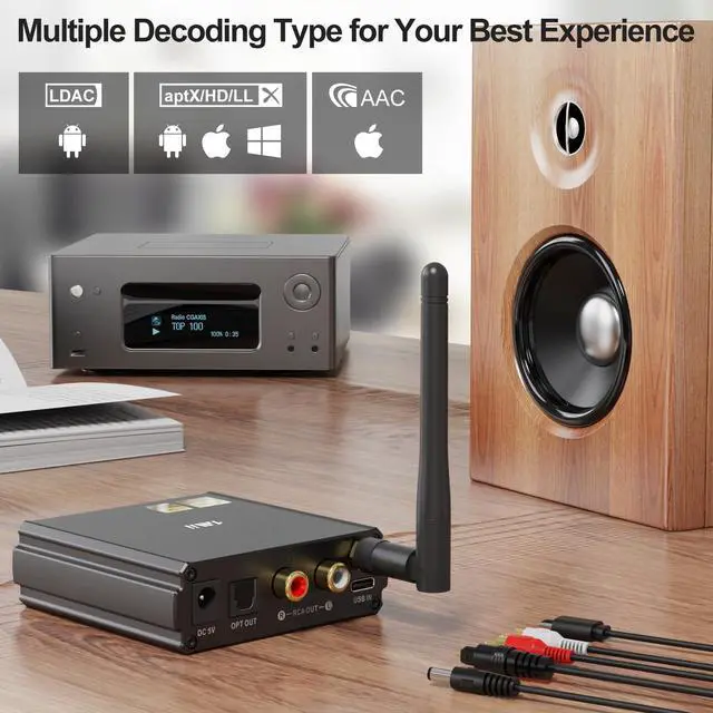 Alt view image 3 of 5 - 1Mii LDAC Hi-Res Bluetooth HiFi Receiver, Bluetooth 5.1 Audio Adapter w/Audiophile DAC/AptX HD/LL/AAC for Home Stereo, AV Receiver or Amplifier, OLED Display & Optical AUX Output,USB Input, EQ Mode