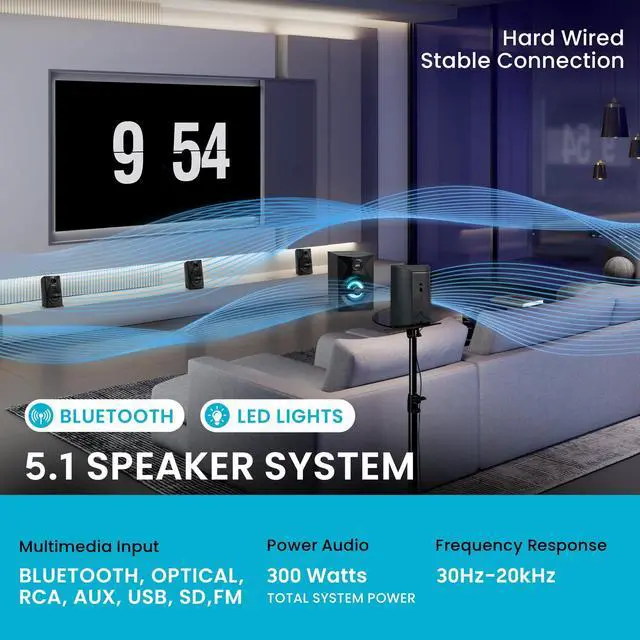 Alt view image 3 of 5 - Goldwood Bluetooth 5.1 Surround Sound Home Theater Speaker System with LED Display, FM Tuner, USB/SD Inputs - 6-Piece Set with Remote Control, Black