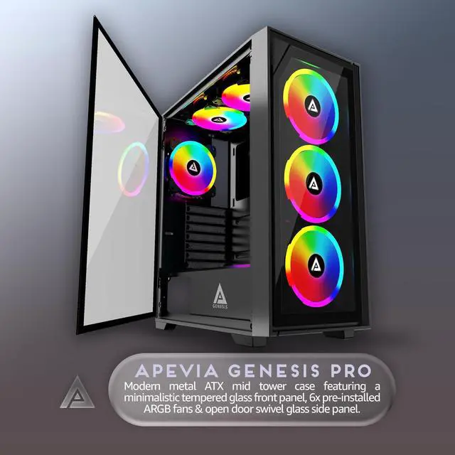 Alt view image 2 of 5 - Apevia Genesis Pro G-PRO-BK Mid Tower Gaming Case with 2 x Tempered Glass Panel, Top USB3.0/USB2.0/Audio Ports, 6 x RGB Fans, Black Frame