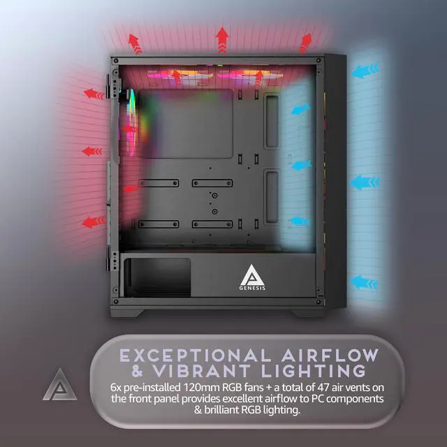 Alt view image 4 of 5 - Apevia Genesis Pro G-PRO-BK Mid Tower Gaming Case with 2 x Tempered Glass Panel, Top USB3.0/USB2.0/Audio Ports, 6 x RGB Fans, Black Frame