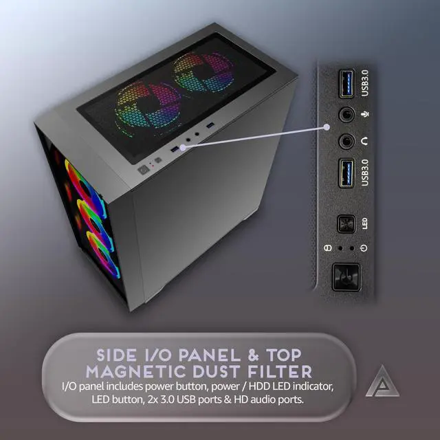 Alt view image 5 of 5 - Apevia Genesis Pro G-PRO-BK Mid Tower Gaming Case with 2 x Tempered Glass Panel, Top USB3.0/USB2.0/Audio Ports, 6 x RGB Fans, Black Frame