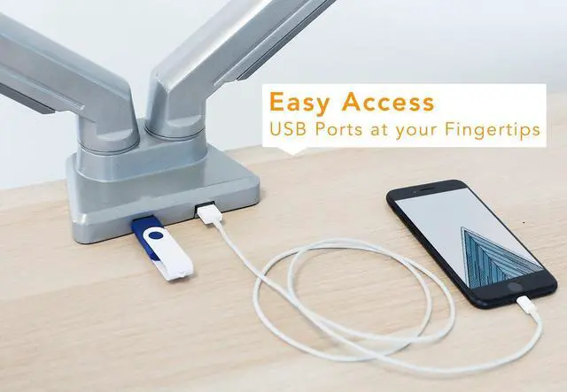 Alt view image 5 of 5 - Mount-It! Dual Monitor Arm Mount Desk Stand | 2 x 3.0 USB Ports | Articulating Mechanical Spring Height Adjustable | Fits Two 24 27 29 30 32 Inch VESA 75 100 Compatible Screens | C-Clamp and Grommet