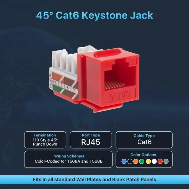 Alt view image 2 of 5 - SATMAXIMUM Cat6 Keystone Ethernet Wall Jack Punch Down UTP 45-Degree (Easier Termination Than 90-Degree), RJ45 Slim Profile Speed Termination Red 45° Angled (50 Pack)