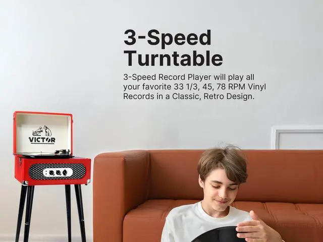 Alt view image 4 of 5 - Victor VWRP-3200 Andover 5-in-1 Turntable with 3-Speed Record Player, FM Radio, Bluetooth, Built-in Speakers, and Chair-Height Legs  Perfect for Vinyl Lovers and Retro-Inspired Home Decor