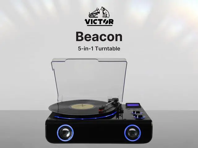 Alt view image 4 of 5 - Victor VHRP-1200 Beacon 5-in-1 Turntable System with Record Player, Bluetooth, FM Radio, Built-in Stereo Speakers, USB Playback, and Blue LED Accent Lighting  Digital Music Lovers