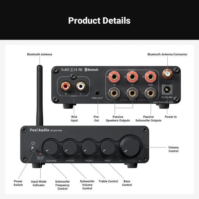 Alt view image 5 of 5 - Fosi Audio Bluetooth Subwoofer Amplifier 2.1, BT30D Pro Subwoofer Amp with TPA3255 Chips 165W x2+350W & Bass Treble Control, 2.1 Channel Sub Amplifier for Desktop/Outdoor/Bookshelf Speakers