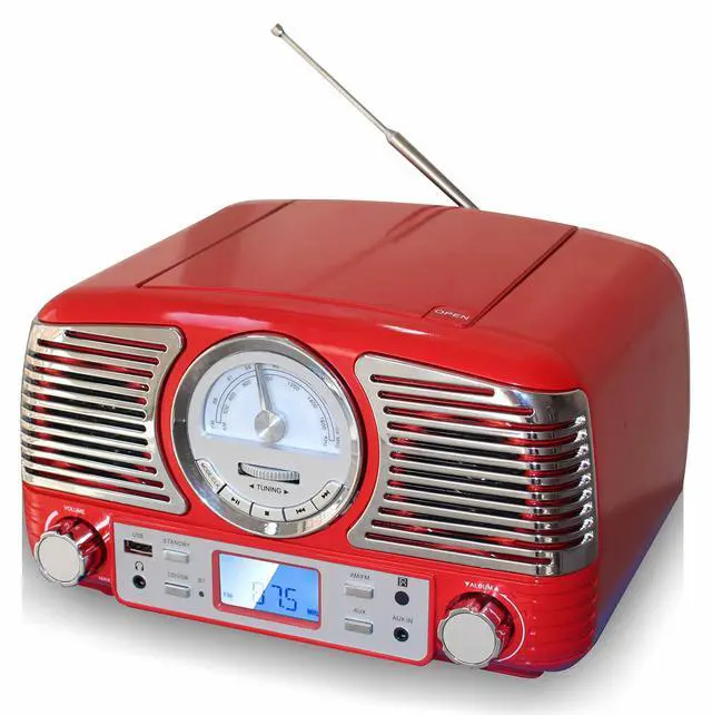 Main image of TechPlay QT62BT RED, Retro Design Compact Stereo CD, with AM/FM Rotary knob, Wireless Bluetooth Reception and USB Port. with AUX in and Headphone Jack