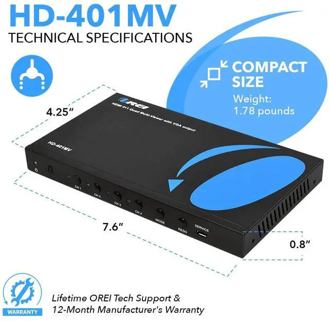 Alt view image 5 of 5 - OREI HDMI Switcher 4 in 1 Out with Quad Screen Multiviewer - Supports 1080p, DTS/Dolby Audio, IR Remote Control, Seamless Switching, Compatible with HDMI Devices