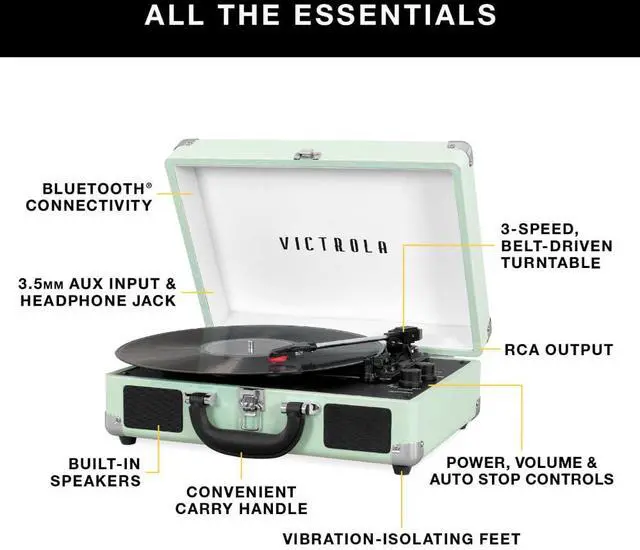 Alt view image 2 of 5 - Victrola Journey+ Bluetooth Suitcase Record Player  Built-In Speakers, 33-1/3, 45 & 78 RPM Vinyl Record Player, RCA Out, Headphone Jack, Wireless Streaming (Turquoise)