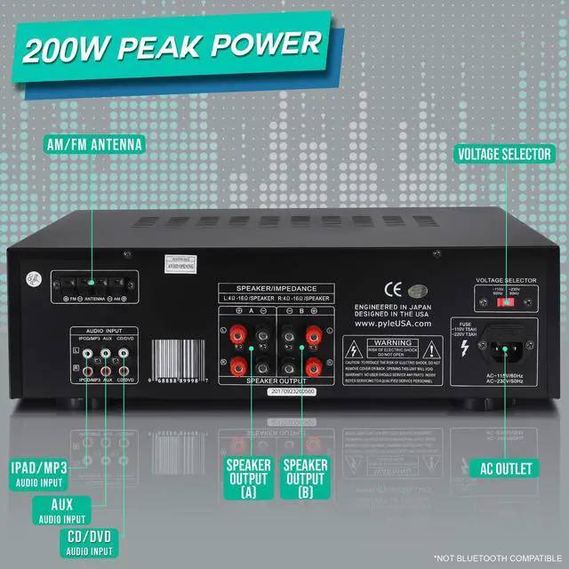 Alt view image 2 of 5 - Pyle 200W Home Audio Power Amplifier - Stereo Receiver w/AM FM Tuner, 2 Microphone Input w/Echo for Karaoke, Great Addition to Your Home Entertainment Speaker System - PT260A.5