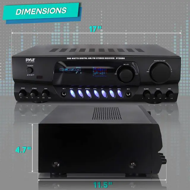 Alt view image 3 of 5 - Pyle 200W Home Audio Power Amplifier - Stereo Receiver w/AM FM Tuner, 2 Microphone Input w/Echo for Karaoke, Great Addition to Your Home Entertainment Speaker System - PT260A.5