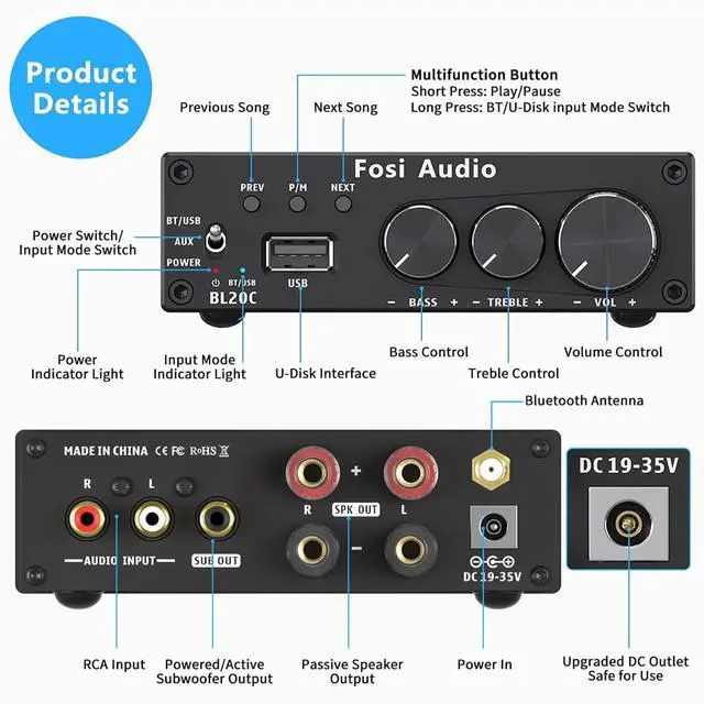 Alt view image 2 of 5 - Fosi Audio BL20C Bluetooth 5.0 Stereo Audio Receiver Amplifier 320 Watts 2.1 CH Mini Hi-Fi Class D TDA7498E Integrated Amp U-Disk Player for Home Passive Speakers Powered Subwoofer(with Power Supply)