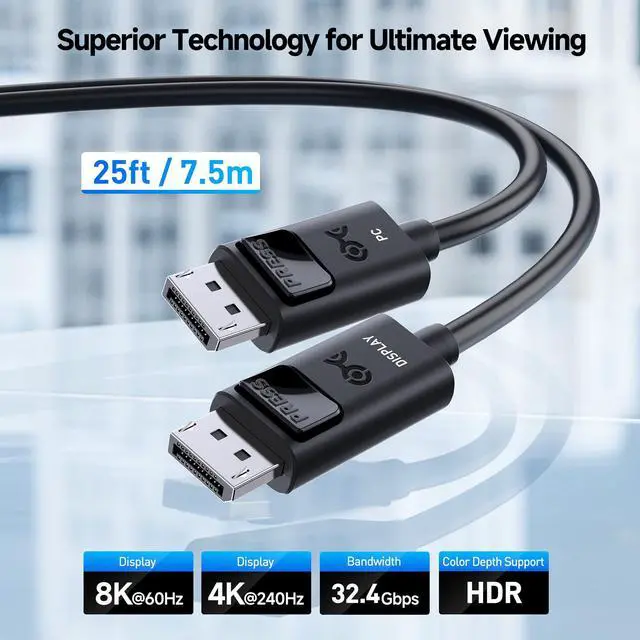Alt view image 2 of 5 - Cable Matters Unidirectional 32.4Gbps Active DisplayPort 1.4 Cable 25ft, 8K 60Hz / 4K 240Hz DisplayPort Cable 1.4 with HDR for Gaming Monitor, PC, RTX 3080/3090, RX 6800/6900 and More