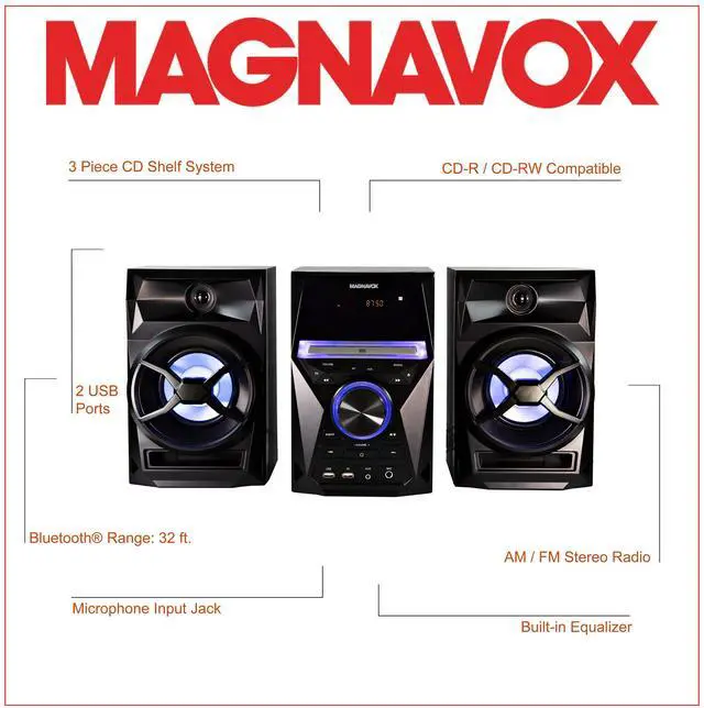 Alt view image 3 of 5 - Magnavox 3-Piece CD Shelf System with Bluetooth, FM Radio, Remote Control, Colored Speaker Lights, LED Display, AUX Port - Black
