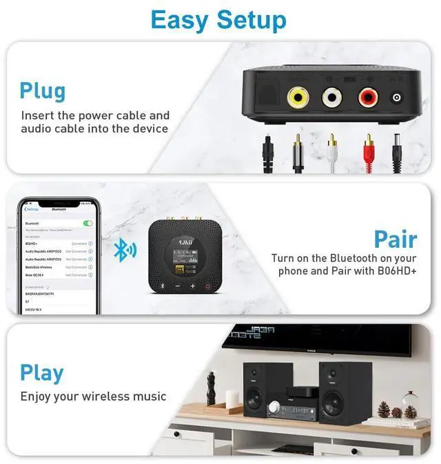 Alt view image 4 of 5 - 1Mii B06HD+ Hi-Res Bluetooth 5.1 Music Receiver for Home Stereo w/LDAC, Hi-Fi Bluetooth Adapter w/Audiophile DAC aptX HD Volume Control OLED Display, Wireless Audio Adapter for AV Receiver/Amplifier