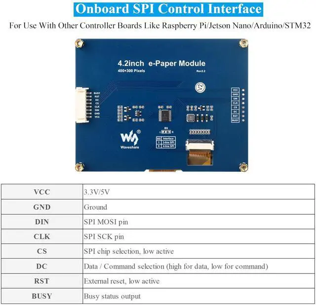 Alt view image 4 of 5 - Waveshare 4.2inch E-Ink Display Module, 400x300, Black/White, SPI Interface, Compatible with Raspberry Pi, Jetson Nano, Arduino, STM32