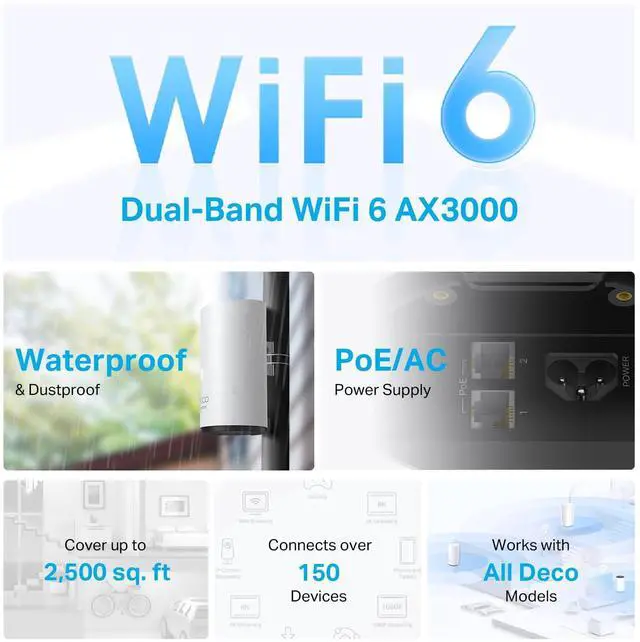 Alt view image 3 of 5 - TP-Link Deco Outdoor Mesh WiFi (Deco X50-Outdoor), AX3000 Dual Band WiFi 6 Mesh, 2 Gigabit PoE Ports, 802.3at PoE+,Weatherproof, Works with All Deco Mesh WiFi, 1-Pack