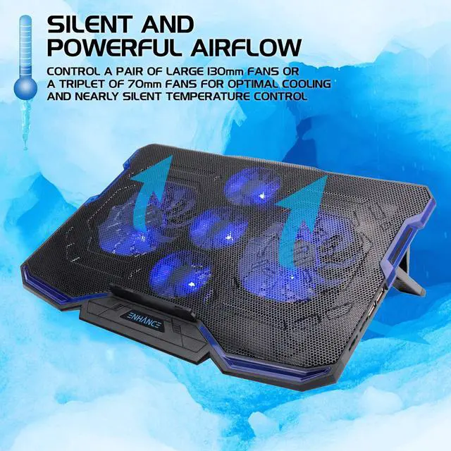 Alt view image 3 of 5 - ENHANCE Cryogen Gaming Laptop Cooling Pad - Fits up to 17 inch Computer - Adjustable Laptop Cooling Stand with 5 Ultra Quiet Cooler Fans, 2 USB Ports and LED Lighting - Slim Portable Design 2500 RPM