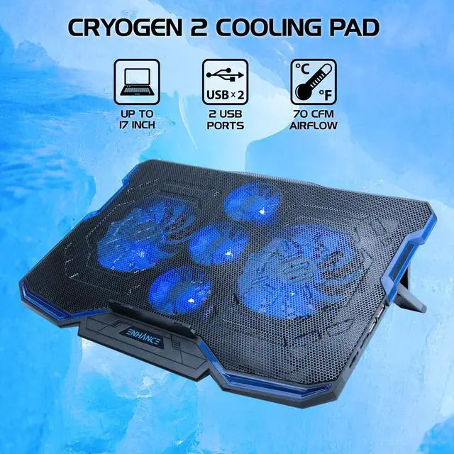 Alt view image 2 of 5 - ENHANCE Cryogen Gaming Laptop Cooling Pad - Fits up to 17 inch Computer - Adjustable Laptop Cooling Stand with 5 Ultra Quiet Cooler Fans, 2 USB Ports and LED Lighting - Slim Portable Design 2500 RPM