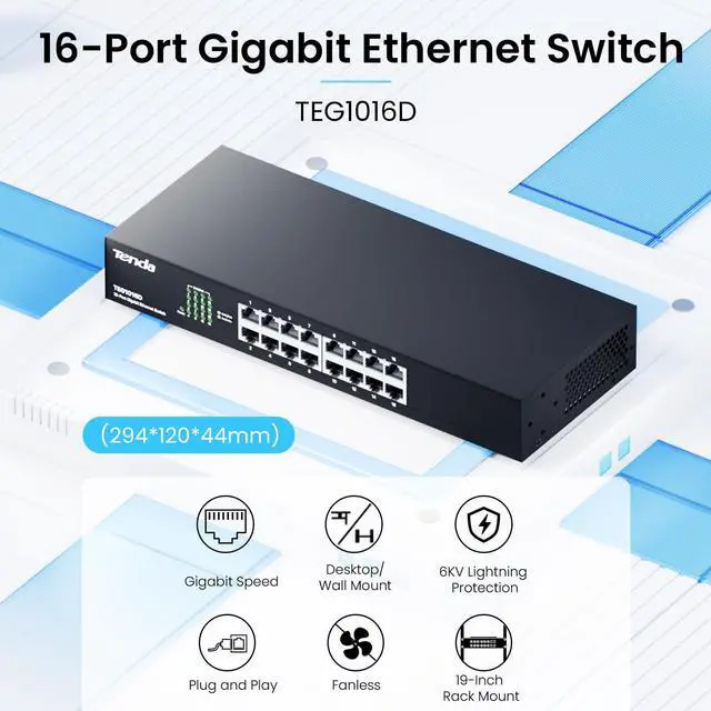 Alt view image 2 of 5 - Tenda TEG1016D, 16-Port Gigabit Switch, Unmanaged Desktop Network Hub, Office Ethernet Switch, Sturdy Metal, Fanless, Traffic Optimization, Limited Lifetime Protection