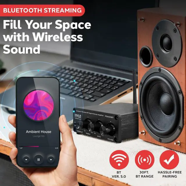 Alt view image 2 of 5 - Pyle 2x100W Bluetooth HiFi Mini Audio Amplifier - Class D Stereo Receiver - Aluminum Diecast - for Desktop/PC - Wireless Streaming - Headphone Jack - PDA20BT