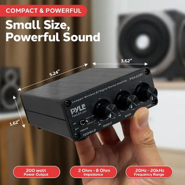 Alt view image 3 of 5 - Pyle 2x100W Bluetooth HiFi Mini Audio Amplifier - Class D Stereo Receiver - Aluminum Diecast - for Desktop/PC - Wireless Streaming - Headphone Jack - PDA20BT