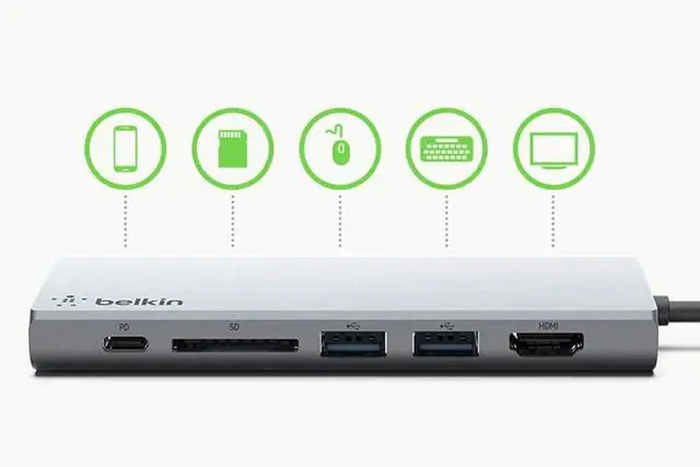 Alt view image 5 of 5 - Belkin USB-C Hub, 6-in-1 Multi-Port Docking Station, Docking Station for iPad, iPad Pro, iPad Mini, MacBook, & More - 60W Power Delivery 3.0, 4K HDMI USB-A Ethernet & SD Card Ports