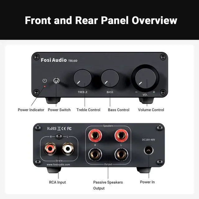Alt view image 4 of 5 - Fosi Audio TB10D 2 Channel Stereo Amplifier, Class D Mini Power Integrated Amplifiers 600W for Passive Speakers/Bass Shaker, Home Audio Component Desktop Amp Receiver TPA3255 with Bass Treble Control