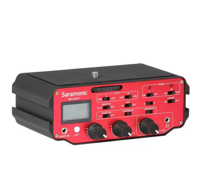 Main image of Saramonic SR-AX107 2 Channel Transformer XLR Audio Adapter with Phantom Power & Monitor (Red/Black), AX-107