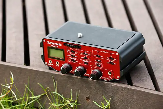 Alt view image 5 of 5 - Saramonic SR-AX107 2 Channel Transformer XLR Audio Adapter with Phantom Power & Monitor (Red/Black), AX-107