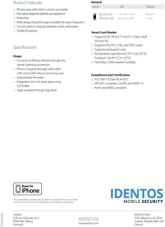 Alt view image 4 of 4 - Tactivo for iPhone 6/7/8/SE (2020) Mobile Smart Card/CAC/PIV Reader