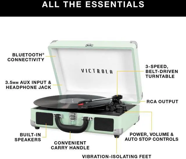 Alt view image 2 of 5 - Victrola Journey Bluetooth Portable Suitcase Record Player  with Built-in Speakers, 3 Speed Vinyl Record Player, RCA Out, Headphone Jack (Farmhouse)