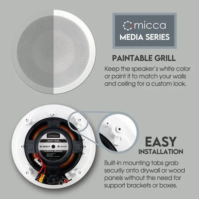 Alt view image 2 of 5 - Micca M-8C 2-Way in-Ceiling Round Speaker, 9.4" Cutout Diameter, Whole House Audio, Home Theater, Indoor or Covered Outdoor, 8" Woofer, 1" Tweeter, White, Paintable, Each