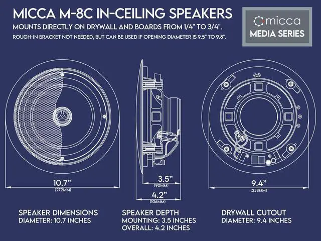 Alt view image 5 of 5 - Micca M-8C 2-Way in-Ceiling Round Speaker, 9.4" Cutout Diameter, Whole House Audio, Home Theater, Indoor or Covered Outdoor, 8" Woofer, 1" Tweeter, White, Paintable, Each