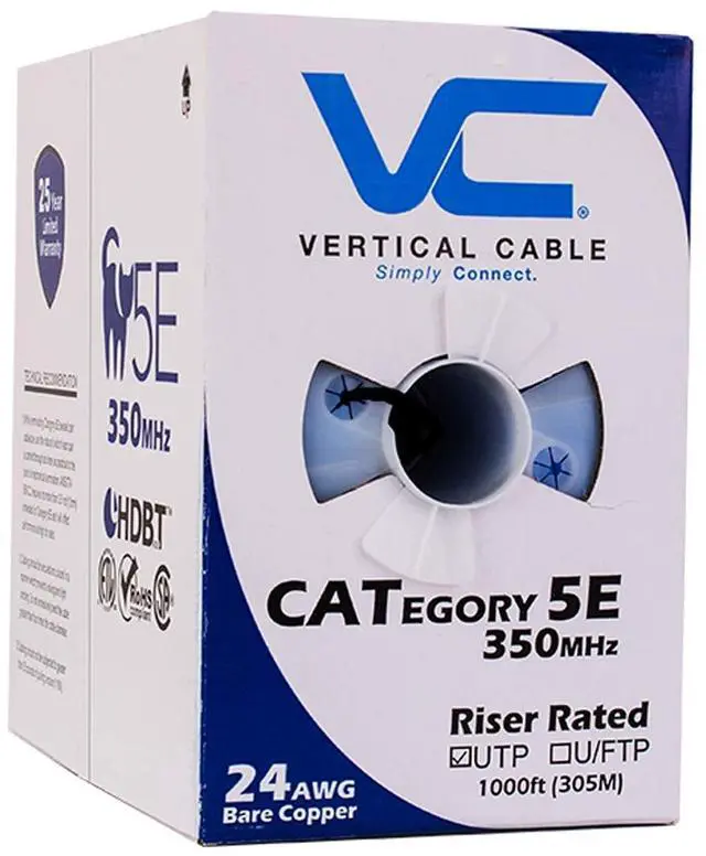 Alt view image 2 of 5 - Vertical Cable Cat5e, 350 MHz, UTP, 24AWG, 8C Solid Bare Copper, 1000ft, Bulk Ethernet Cable - 151 Series, Black