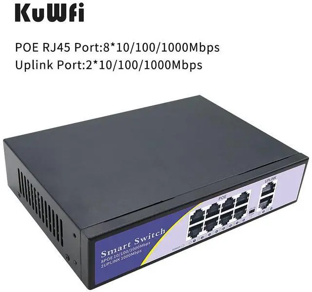 Alt view image 2 of 5 - KuWFi 8-Port Gigabit PoE Ethernet Switch, 8 x Gigabit PoE, 2 x Gigabit SFP Slot, Metal Network Switch 48V PoE for IP Camera Wireless AP