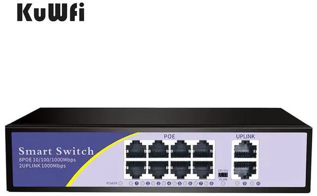 Alt view image 3 of 5 - KuWFi 8-Port Gigabit PoE Ethernet Switch, 8 x Gigabit PoE, 2 x Gigabit SFP Slot, Metal Network Switch 48V PoE for IP Camera Wireless AP
