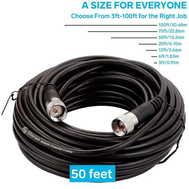 Alt view image 3 of 5 - STEREN RG8X Coaxial Cable 50 ft 2 Pack, CB Coax Cable with PL259 UHF Connectors, Male to Male Low Loss 50 Ohm for HAM Radio, LMR400, Antenna Analyzer