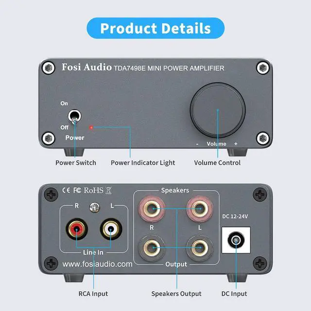 Alt view image 3 of 5 - Fosi Audio TDA7498E 2 Channel 160W x2 Stereo Audio Amplifier Mini Hi-Fi Class D Car Integrated Amp for Passive Speakers with 24V Power Supply