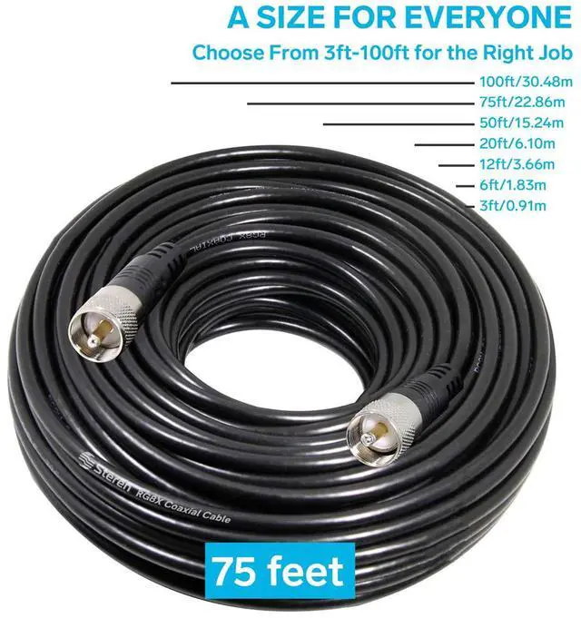 Alt view image 3 of 5 - STEREN RG8X Coaxial Cable 75 ft, CB Coax Cable with PL259 UHF Connectors, Male to Male Low Loss 50 Ohm for HAM Radio, LMR400, Antenna Analyzer