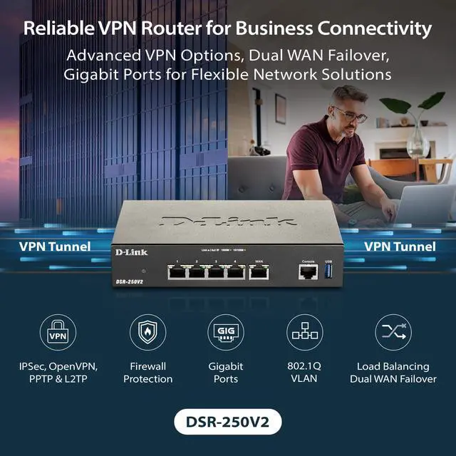 Alt view image 2 of 5 - D-Link Gigabit VPN Router | Perfect for Remote and Hybrid Work | 4 Port Gigabit Dual WAN Failover | Enterprise-Grade Encryption | TAA/NDAA-Compliant | Limited Lifetime Protection (DSR-250V2)