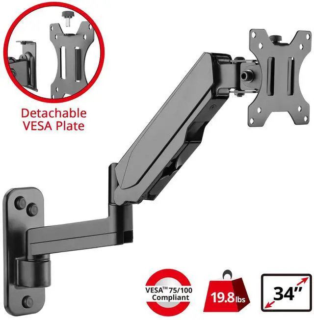 Alt view image 2 of 5 - SIIG Aluminum Single Arm Gas Spring Monitor Wall Mount - Heavy Duty Hold 17" to 32" Screens, Up to 19.8 lbs, VESA 75x75 or 100x100 (CE-MT2L12-S1)