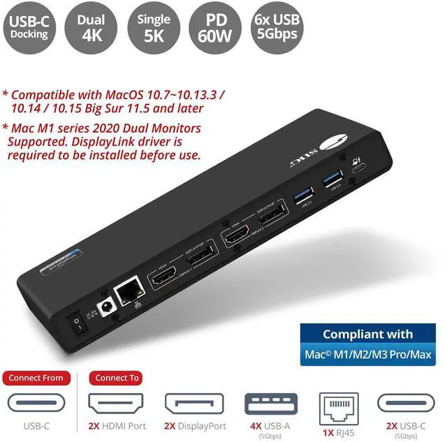 Alt view image 2 of 5 - SIIG USB Type C Dual 4K Docking Station with 60W PD - Dual 4K@60Hz or Single 5K@60Hz Monitor Laptop Dock - DisplayLink - 2 HDMI 2 DisplayPort, 4 USB 3.0 Ports, 2 Type C Ports, Gigabit Ethernet Port